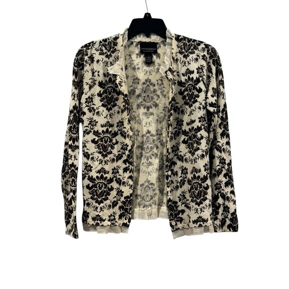 Cynthia Rowley Black & Cream Button Up 100% Merino Wool Cardigan Lace Trim: S - Picture 6 of 11